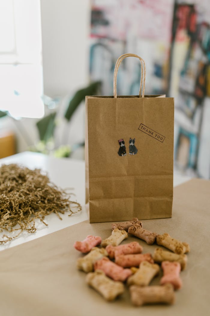 about-04 Brown paper bag with dog treats and a 'thank you' sticker, embodying sustainability and small business branding.